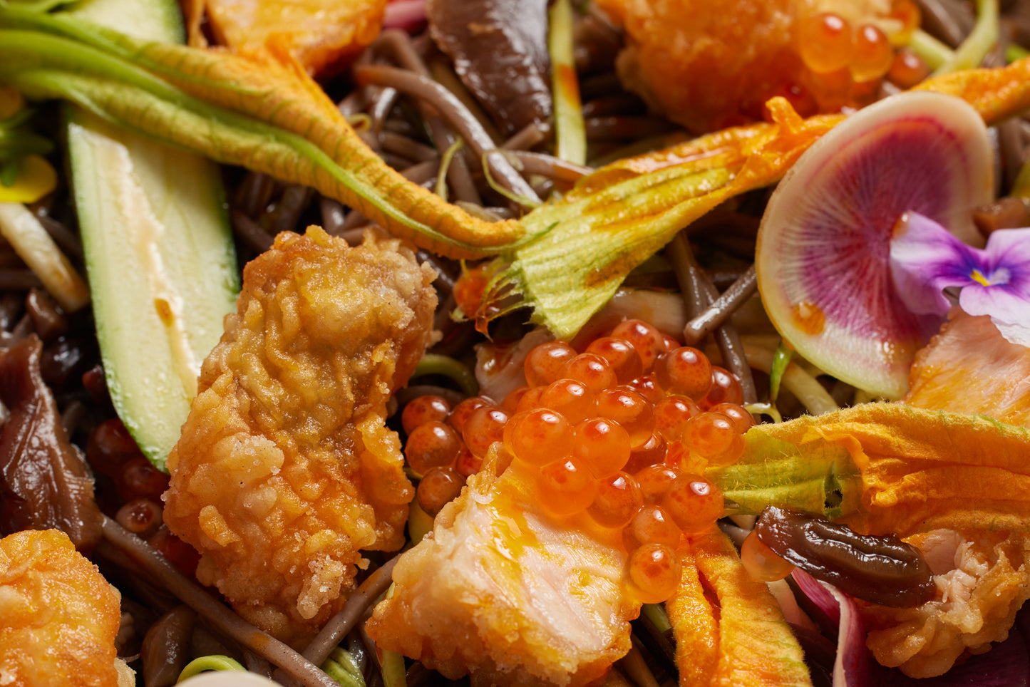 Soba Noodle Salad, Fried Fish Belly, Shitake, Zucchini, Fish Roe