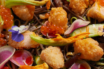 Soba Noodle Salad, Fried Fish Belly, Shitake, Zucchini, Fish Roe