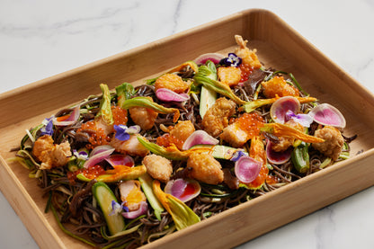 Soba Noodle Salad, Fried Fish Belly, Shitake, Zucchini, Fish Roe