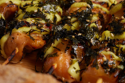 Fish belly skewers, wasabi avocado